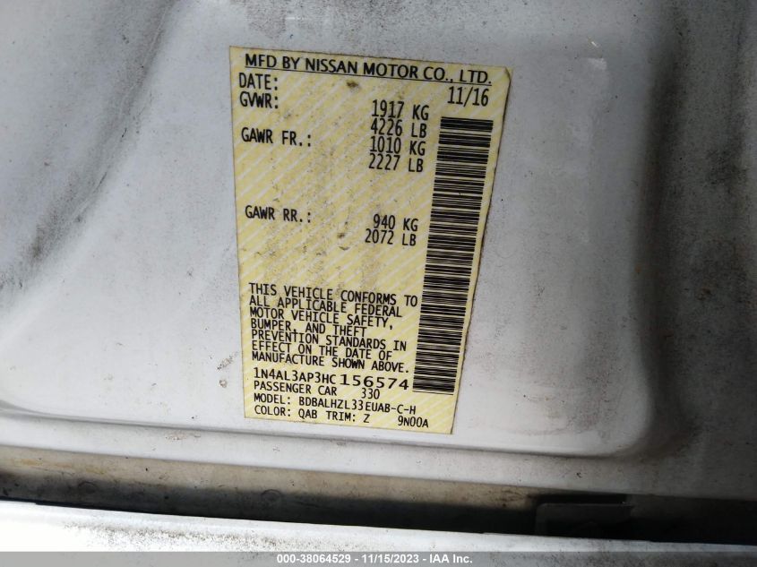 2017 NISSAN ALTIMA 2.5/S/SV/SL/SR - 1N4AL3AP3HC156574