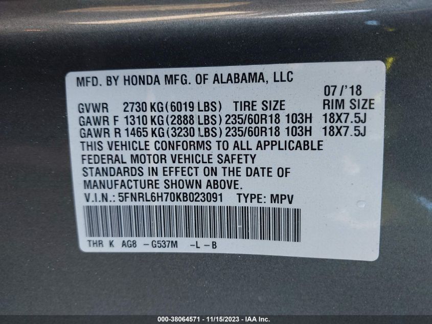 5FNRL6H70KB023091 2019 HONDA ODYSSEY, photo no. 9