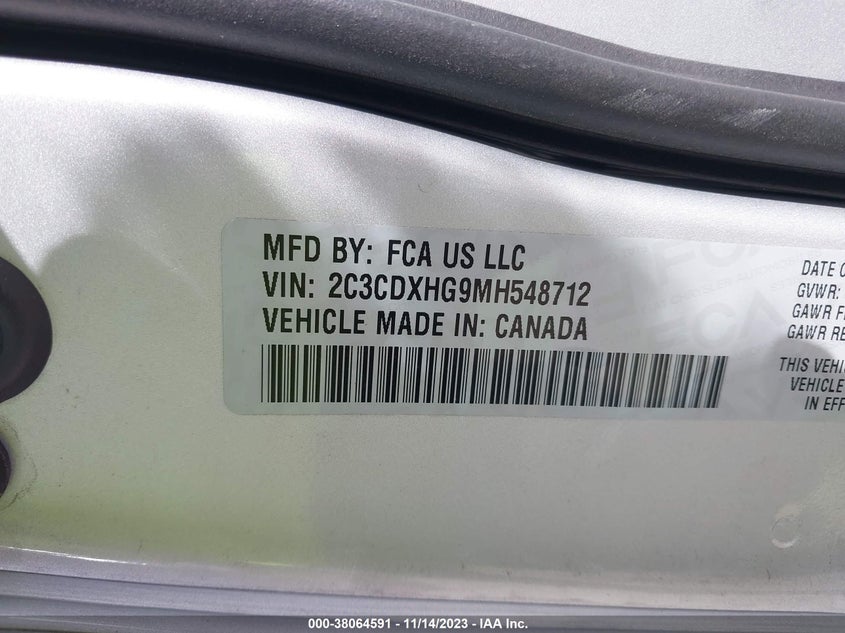 VIN 2C3CDXHG9MH548712 2021 DODGE CHARGER GT RWD