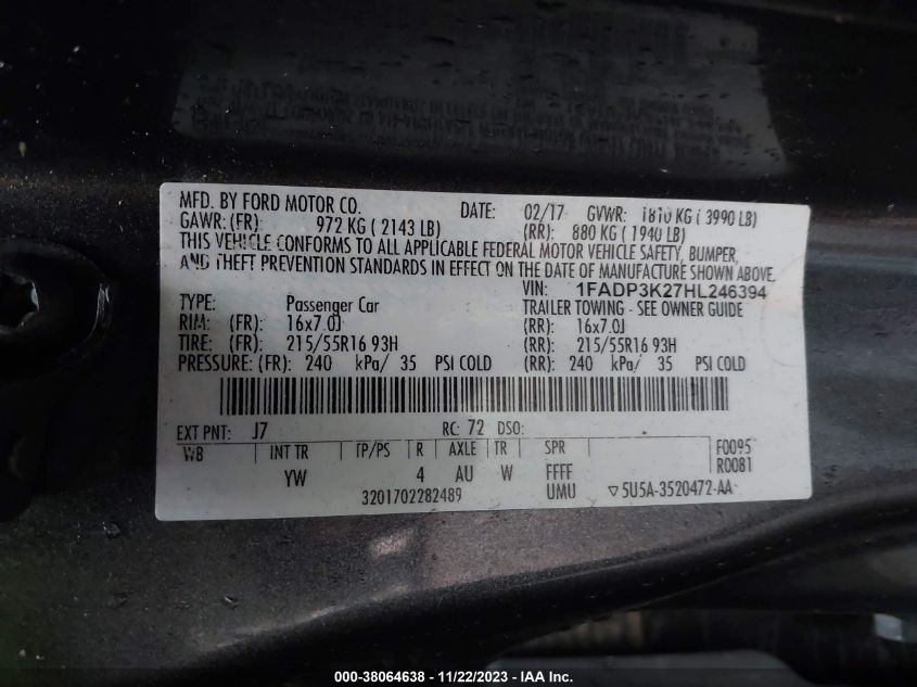 2017 FORD FOCUS SE - 1FADP3K27HL246394