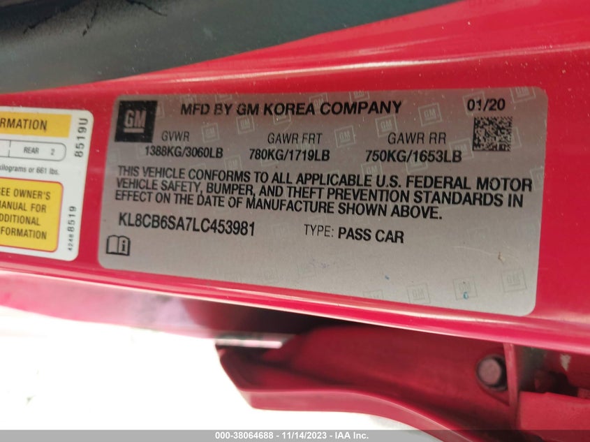 VIN KL8CB6SA7LC453981 2020 CHEVROLET SPARK FWD LS AUTOMATIC