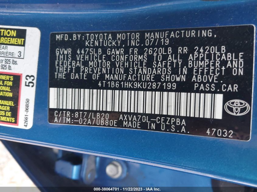 2019 TOYOTA CAMRY XSE - 4T1B61HK9KU287199