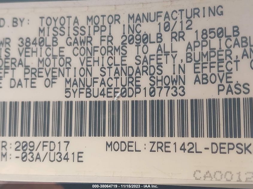 2013 TOYOTA COROLLA S - 5YFBU4EE0DP107733