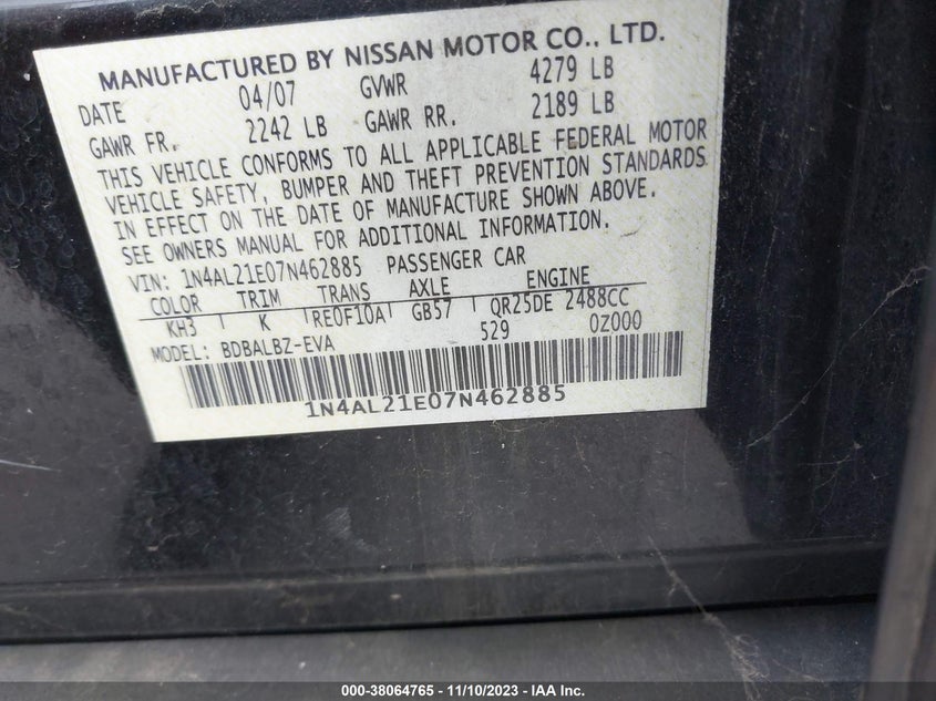 2007 NISSAN ALTIMA VIN: 1N4AL21E07N462885