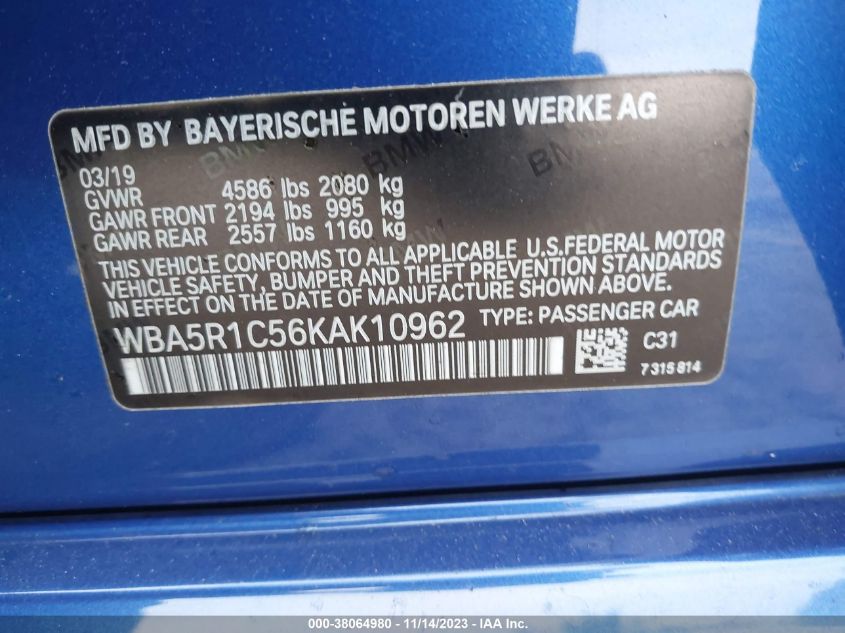 2019 BMW 330I WBA5R1C56KAK10962