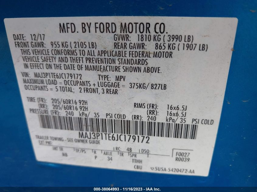 2018 FORD ECOSPORT SE - MAJ3P1TE6JC179172