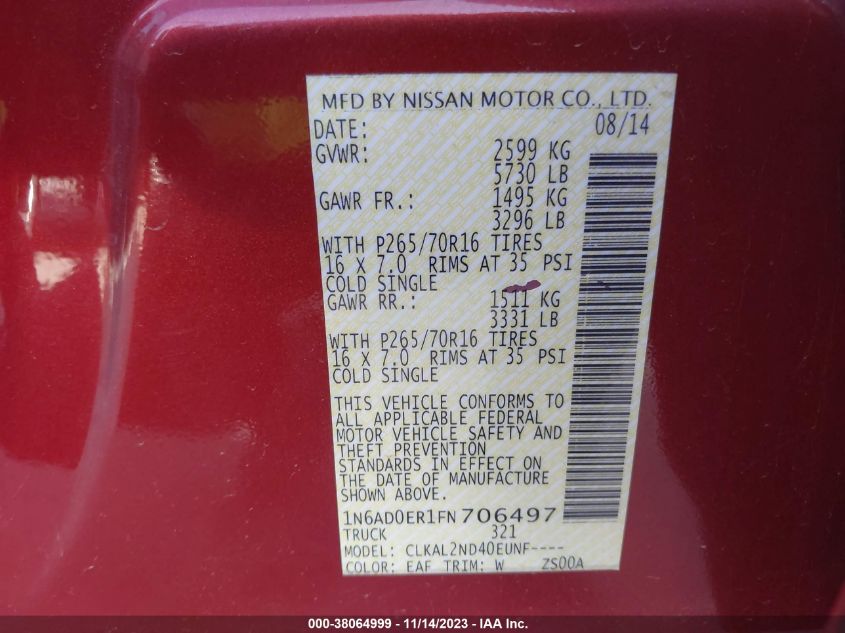 2015 NISSAN FRONTIER S/SV/SL/PRO-4X - 1N6AD0ER1FN706497