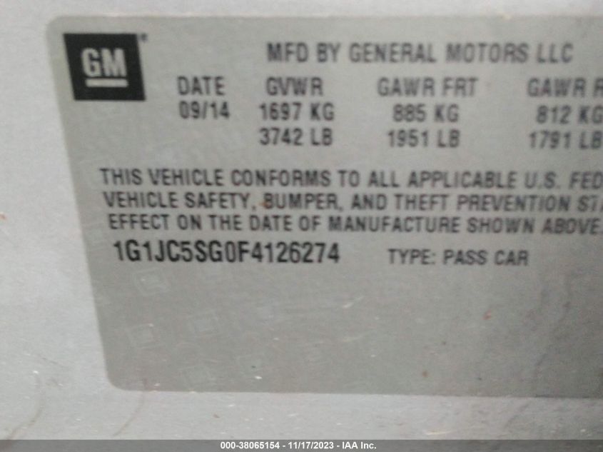 2015 CHEVROLET SONIC LT AUTO - 1G1JC5SG0F4126274