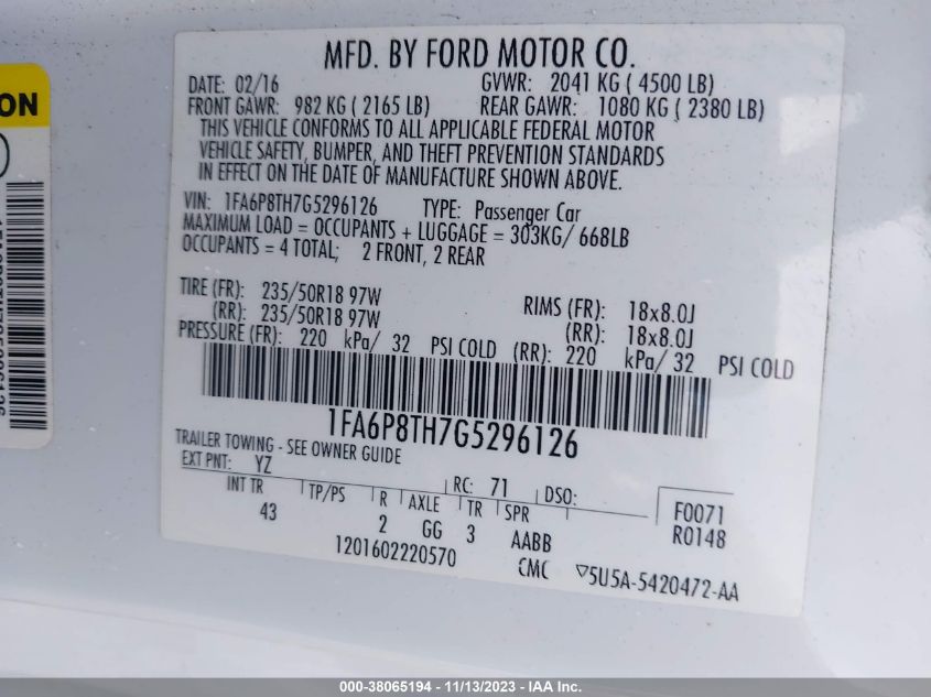 1FA6P8TH7G5296126 2016 FORD MUSTANG, photo no. 9