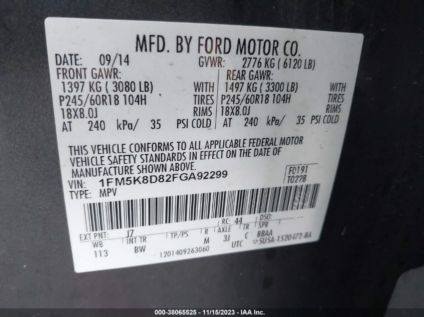 2015 FORD EXPLORER XLT - 1FM5K8D82FGA92299
