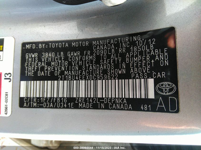 2013 TOYOTA COROLLA LE - 2T1BU4EEXDC959622