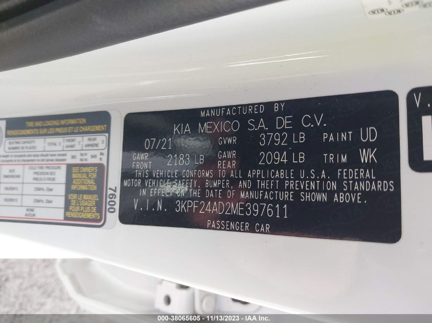 2021 KIA FORTE FE - 3KPF24AD2ME397611