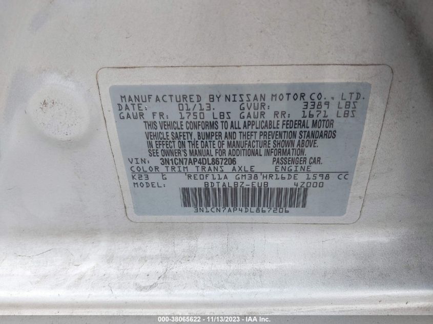 2013 NISSAN VERSA S/S PLUS/SV/SL - 3N1CN7AP4DL867206