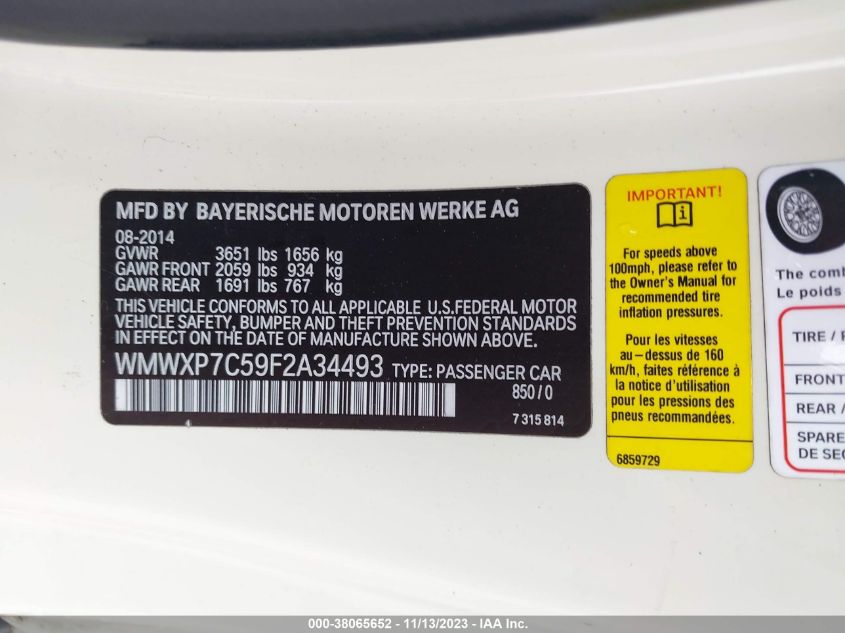 2015 MINI HARDTOP COOPER S WMWXP7C59F2A34493