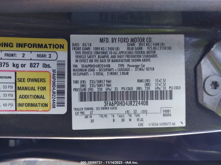 VIN 3FA6P0HD4JR224408 2018 FORD FUSION SE