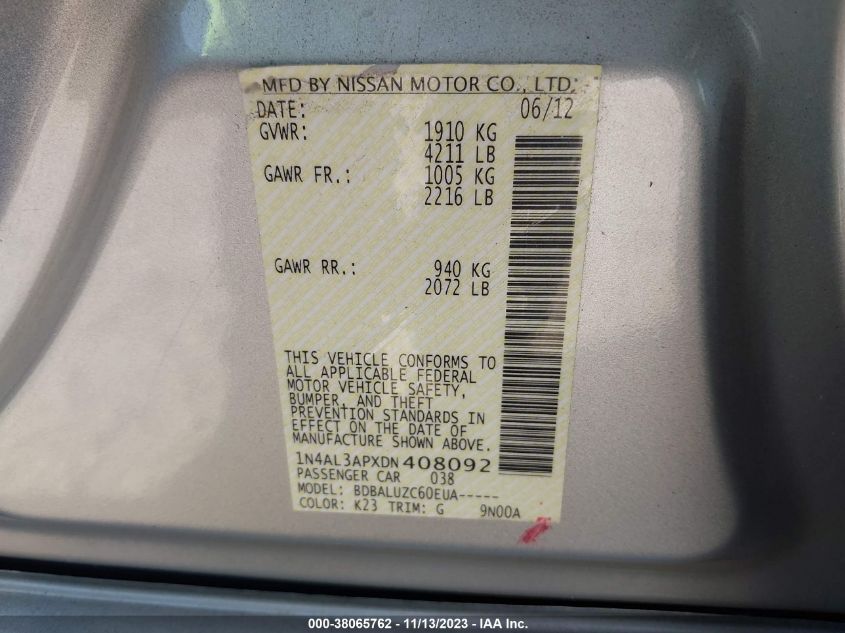 2013 NISSAN ALTIMA 2.5/S/SV/SL - 1N4AL3APXDN408092