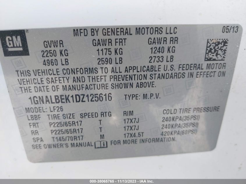 2013 CHEVROLET EQUINOX LS - 1GNALBEK1DZ125616
