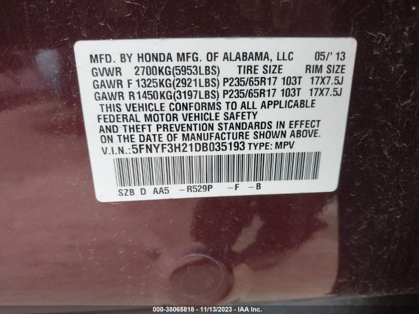2013 HONDA PILOT LX - 5FNYF3H21DB035193