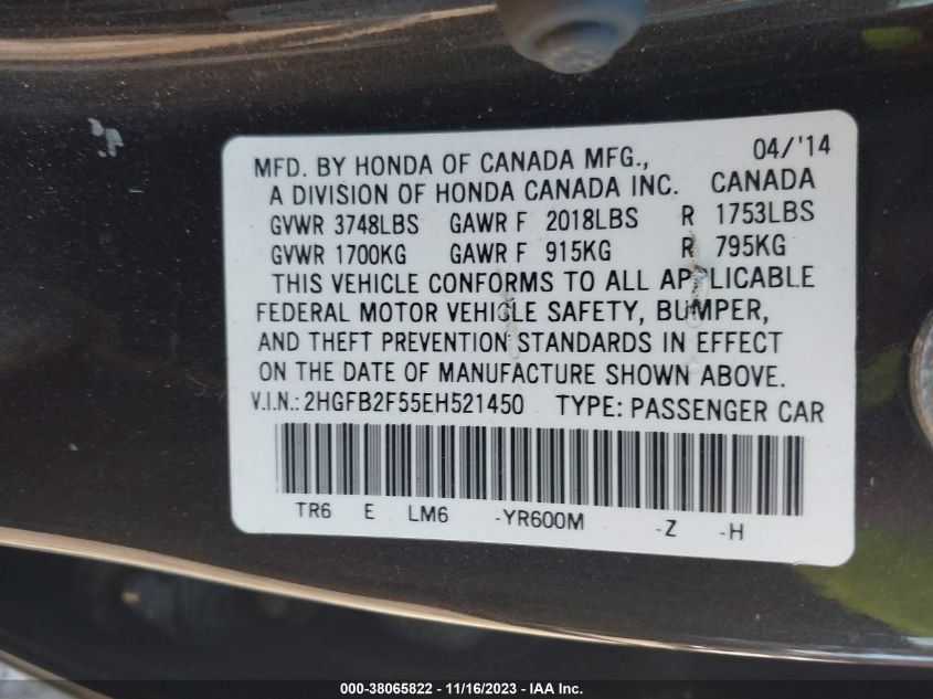 2014 HONDA CIVIC LX - 2HGFB2F55EH521450