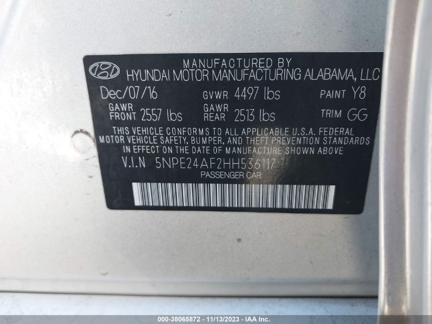 2017 HYUNDAI SONATA 2.4L - 5NPE24AF2HH536117