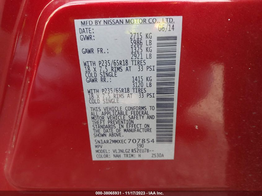 2014 NISSAN PATHFINDER SL - 5N1AR2MMXEC707854