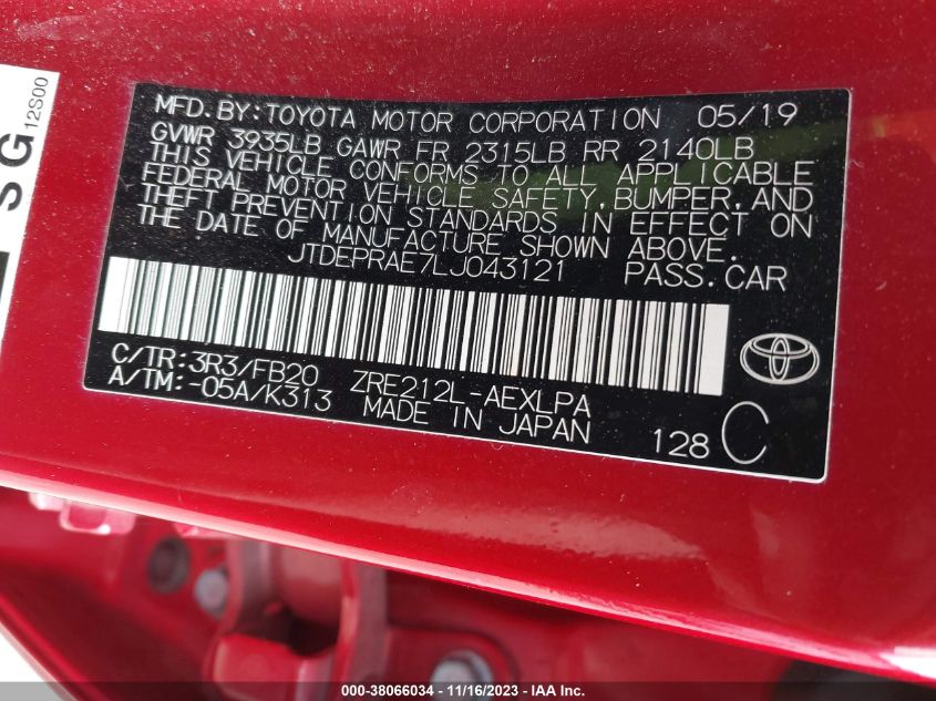 VIN JTDEPRAE7LJ043121 2020 TOYOTA COROLLA LE