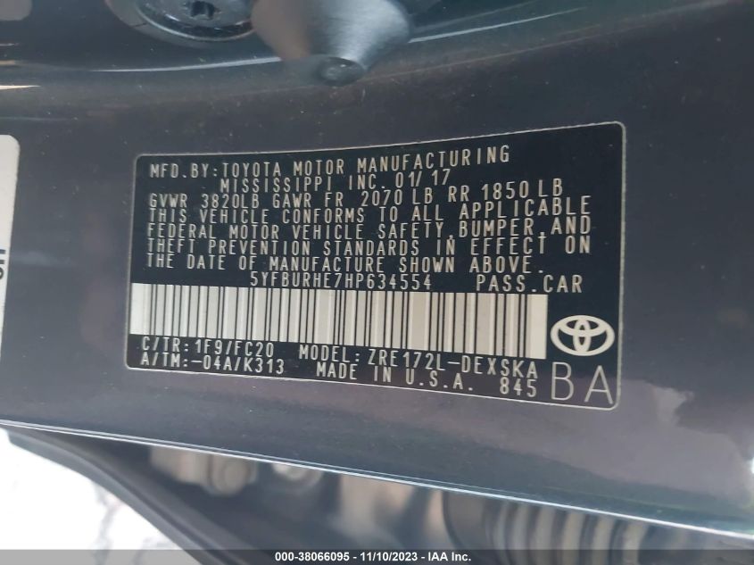 2017 TOYOTA COROLLA L/LE/XLE/SE - 5YFBURHE7HP634554