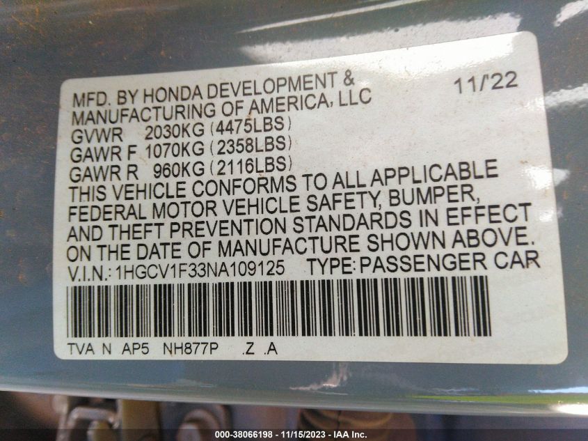 2022 HONDA ACCORD SPORT - 1HGCV1F33NA109125
