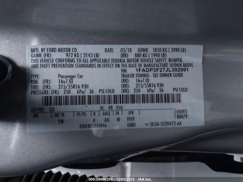 2018 FORD FOCUS SE - 1FADP3F27JL302091