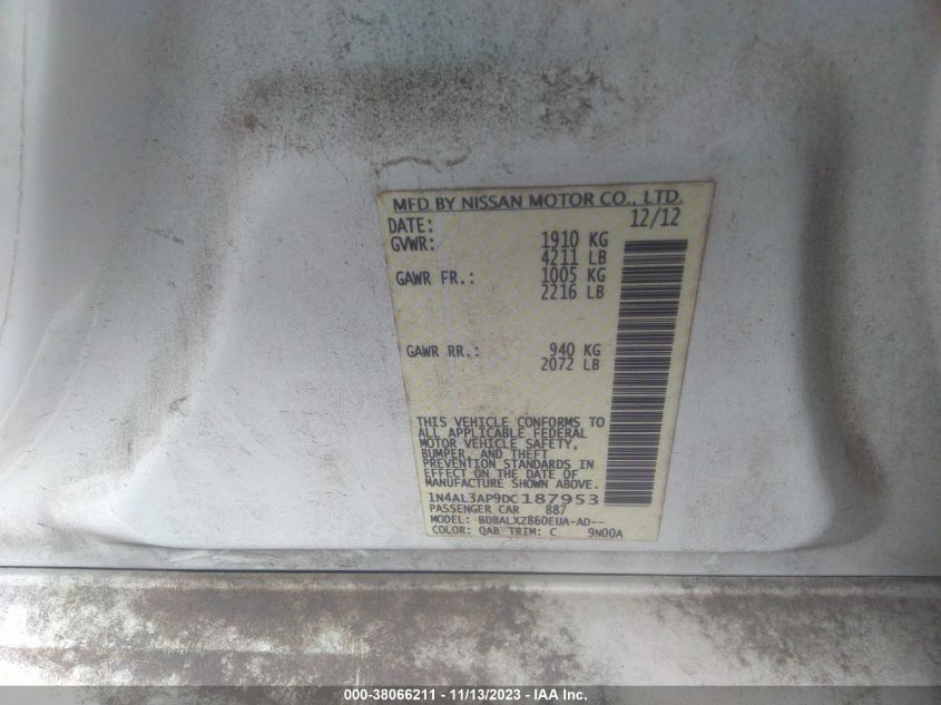 2013 NISSAN ALTIMA 2.5/S/SV/SL - 1N4AL3AP9DC187953
