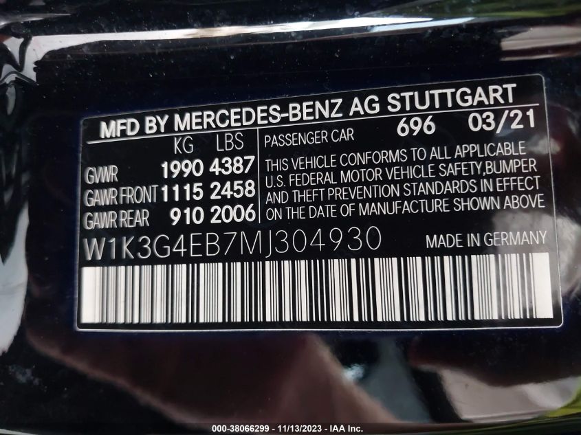 2021 MERCEDES-BENZ A 220 W1K3G4EB7MJ304930