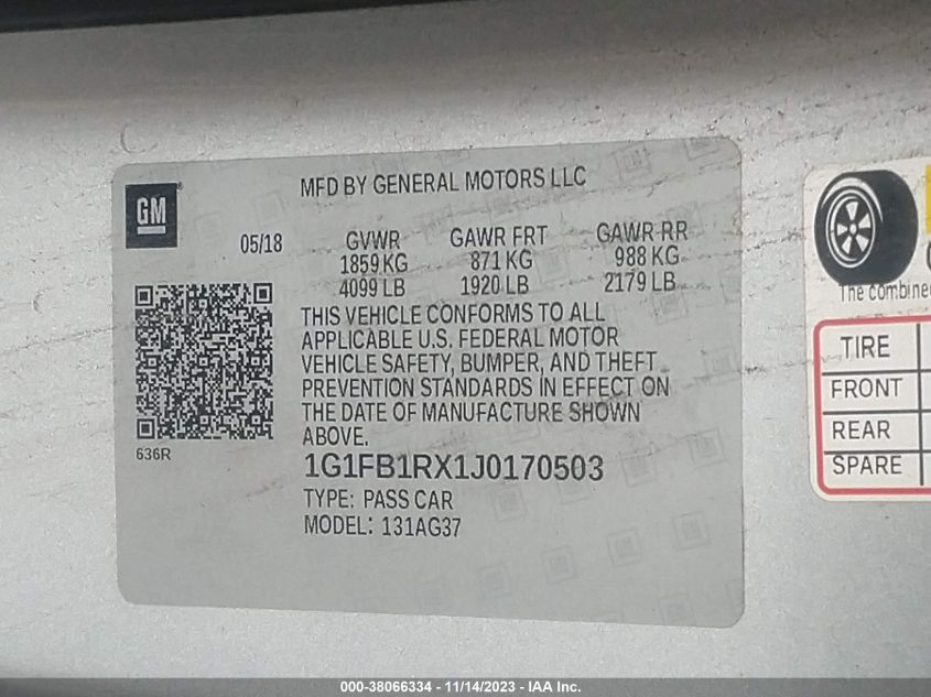 2018 CHEVROLET CAMARO LT - 1G1FB1RX1J0170503