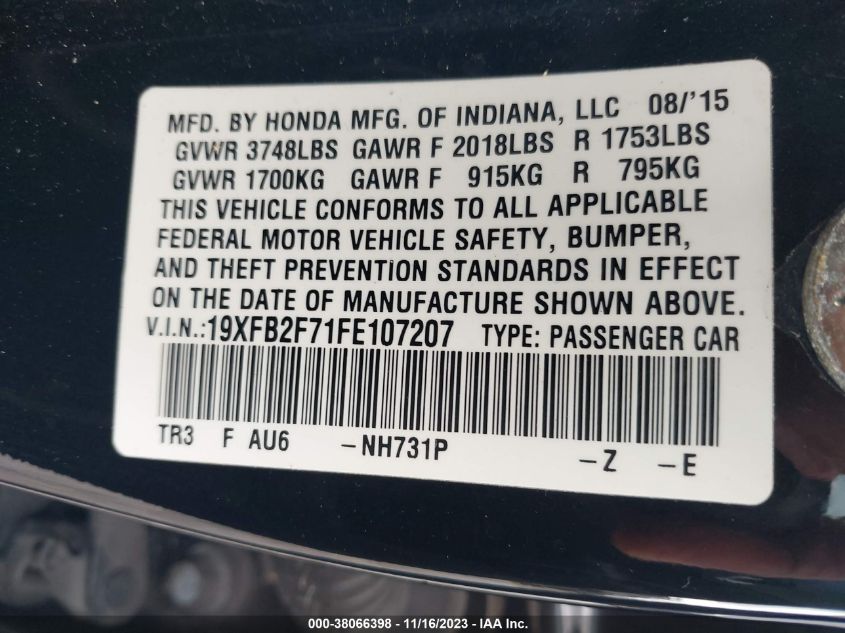 2015 HONDA CIVIC SEDAN SE 19XFB2F71FE107207