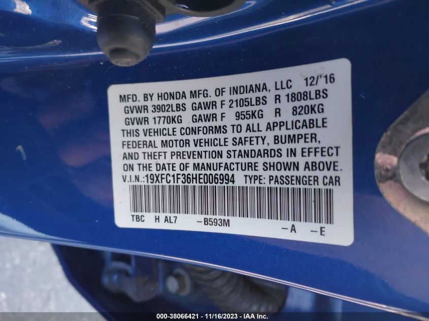 2017 HONDA CIVIC EX - 19XFC1F36HE006994