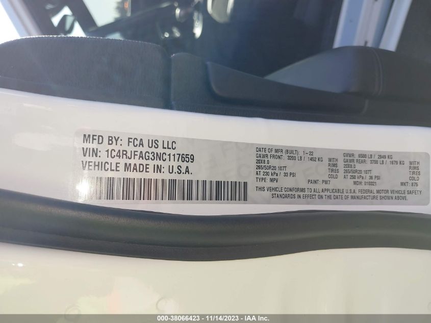 2022 JEEP GRAND CHEROKEE WK LAREDO X 4X4 1C4RJFAG3NC117659