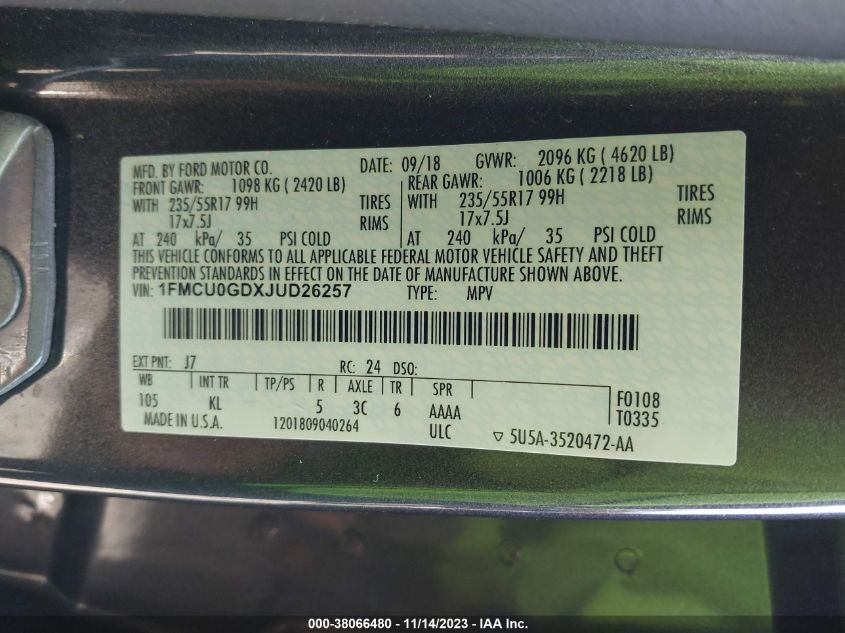 2018 FORD ESCAPE SE - 1FMCU0GDXJUD26257