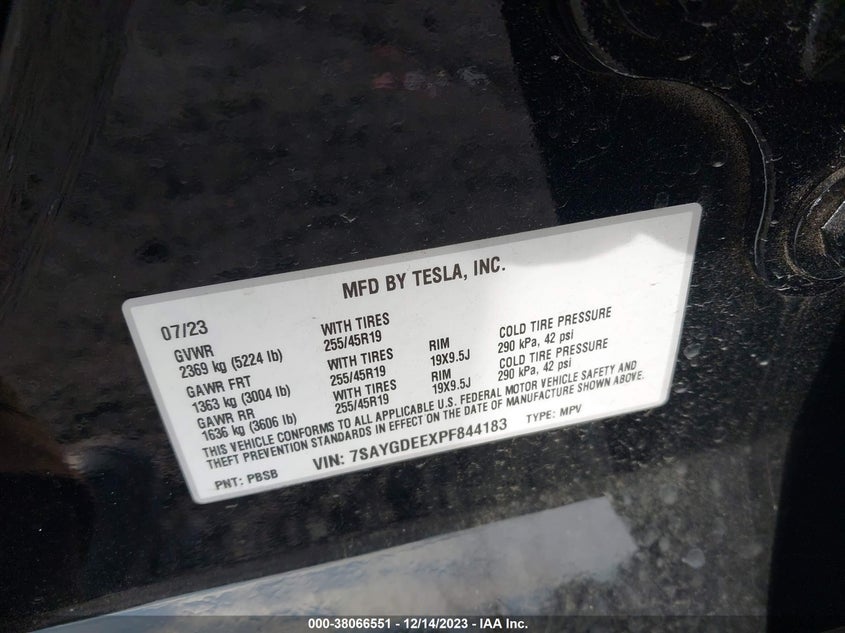VIN 7SAYGDEEXPF844183 2023 TESLA MODEL Y AWD/LONG RANGE DUAL MOTOR ALL-WHEEL DRIVE