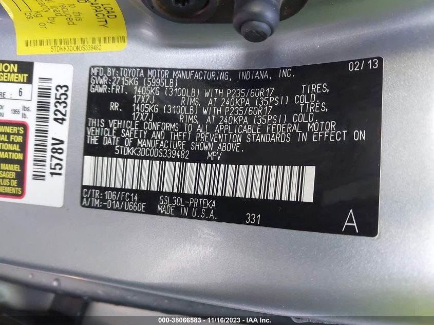 2013 TOYOTA SIENNA LE V6 8 PASSENGER - 5TDKK3DC0DS339482