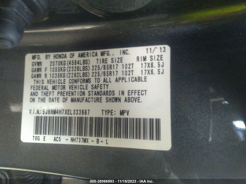2014 HONDA CR-V EX-L - 5J6RM4H7XEL033687