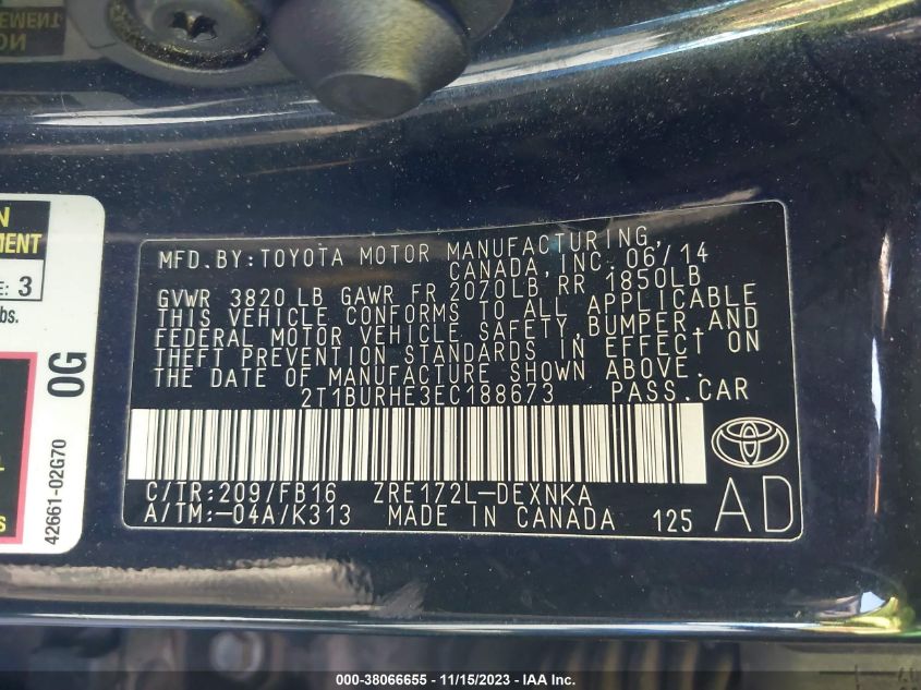 2014 TOYOTA COROLLA L/LE/LE PLS/PRM/S/S PLS - 2T1BURHE3EC188673