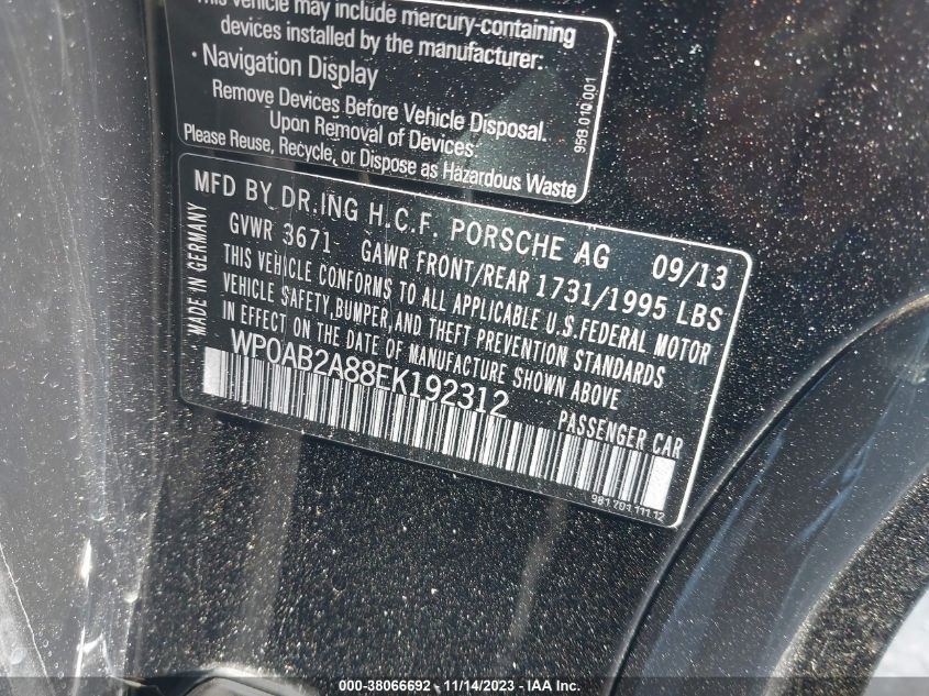 2014 PORSCHE CAYMAN S WP0AB2A88EK192312