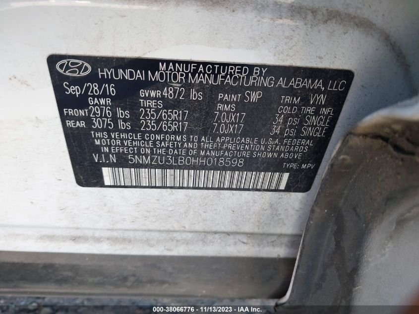 2017 HYUNDAI SANTA FE SPORT - 5NMZU3LB0HH018598