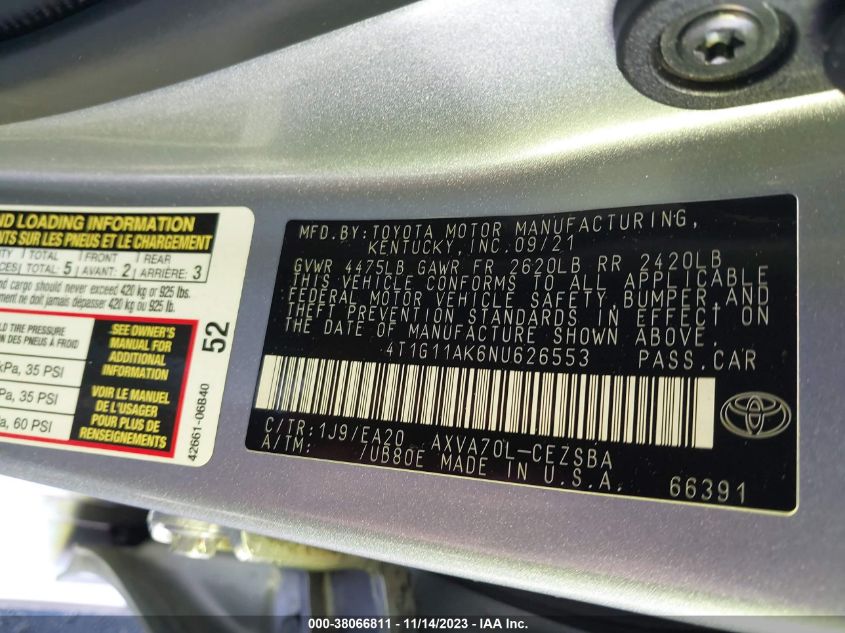 2022 TOYOTA CAMRY SE/SE NIGHT SHADE - 4T1G11AK6NU626553