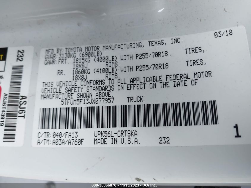 2018 TOYOTA TUNDRA DOUBLE CAB SR/SR5 - 5TFUM5F13JX077957