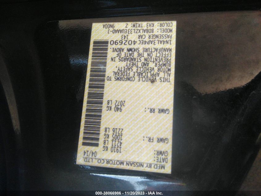 2014 NISSAN ALTIMA 2.5 SL - 1N4AL3AP4EC402690