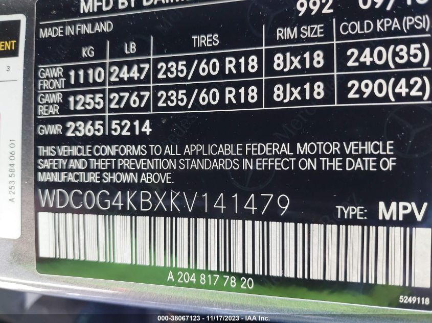 2019 MERCEDES-BENZ GLC GLC 300 WDC0G4KBXKV141479
