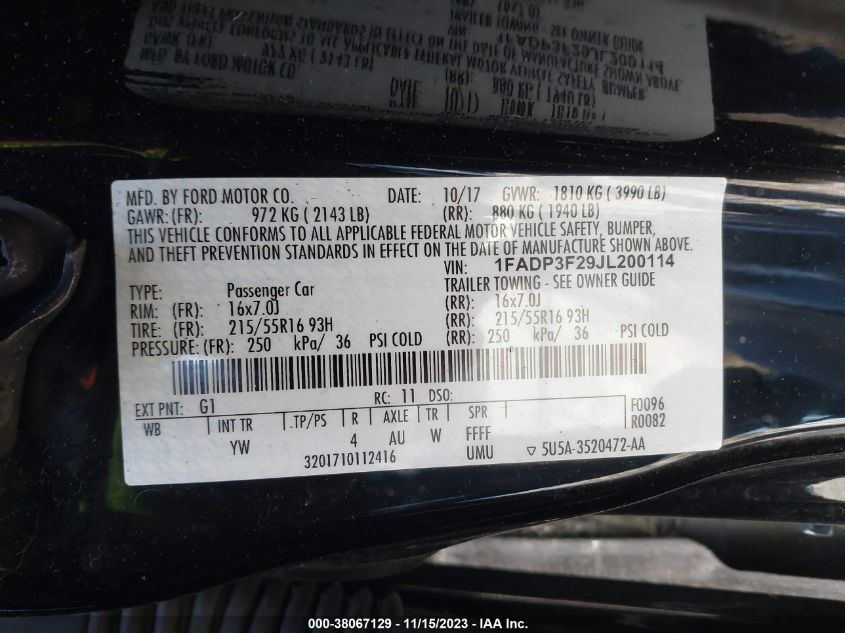 2018 FORD FOCUS SE - 1FADP3F29JL200114