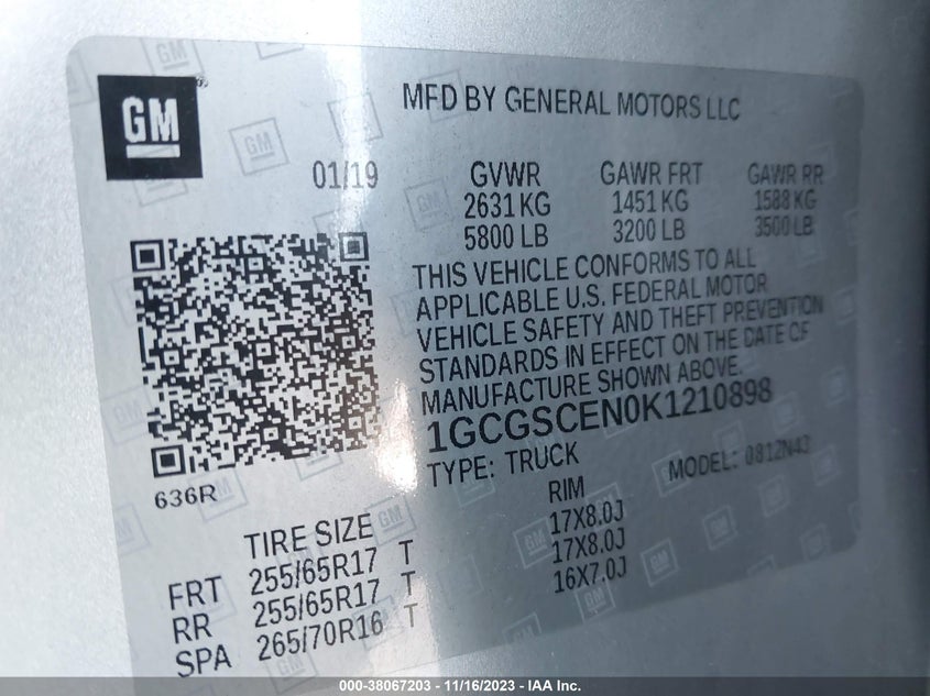 VIN 1GCGSCEN0K1210898 2019 CHEVROLET COLORADO LT
