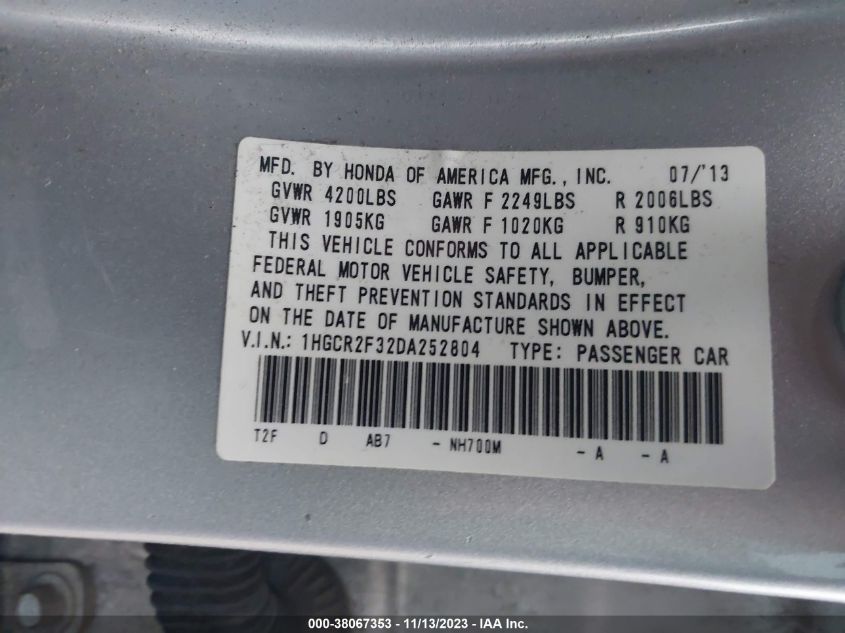 2013 HONDA ACCORD LX - 1HGCR2F32DA252804