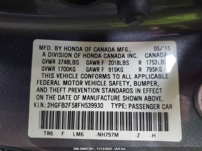 2015 HONDA CIVIC LX - 2HGFB2F58FH539930